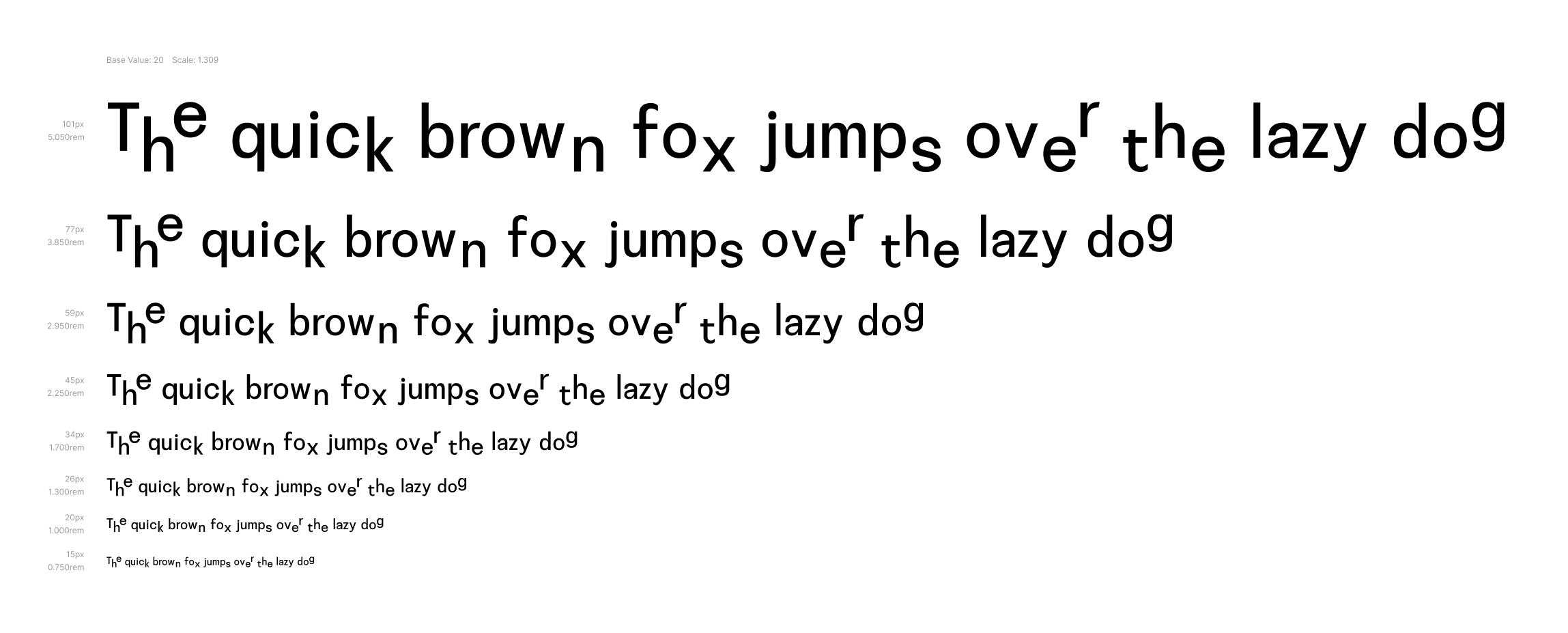 Typescale for Disorientation Sans VF on ryad 100 with 20px base and golden ratio 1/2 increments (1.309)
                    scale factor.